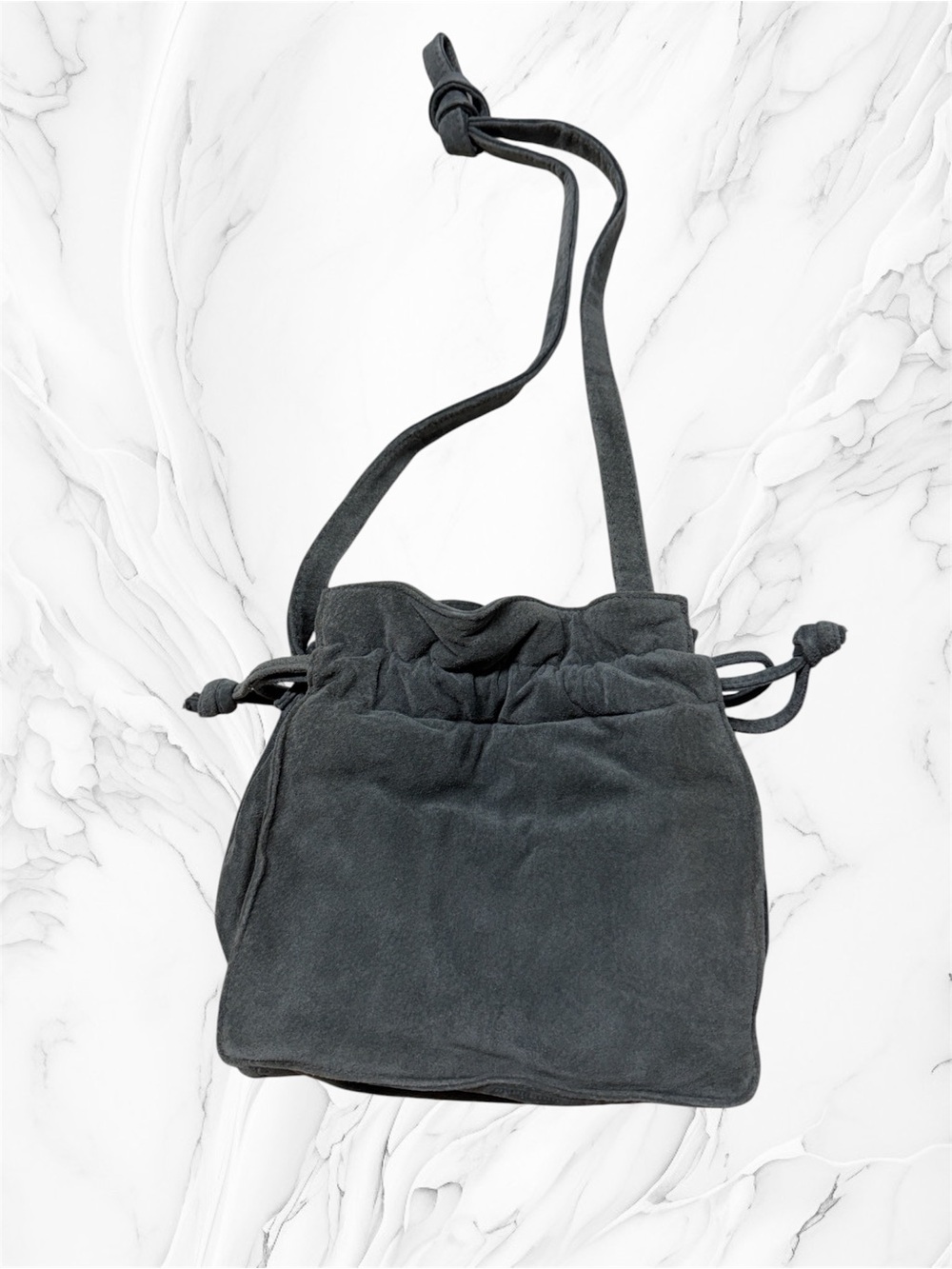 Vintage jasmine Suede Drawstring Pouch shoulder Bag Slate Gray